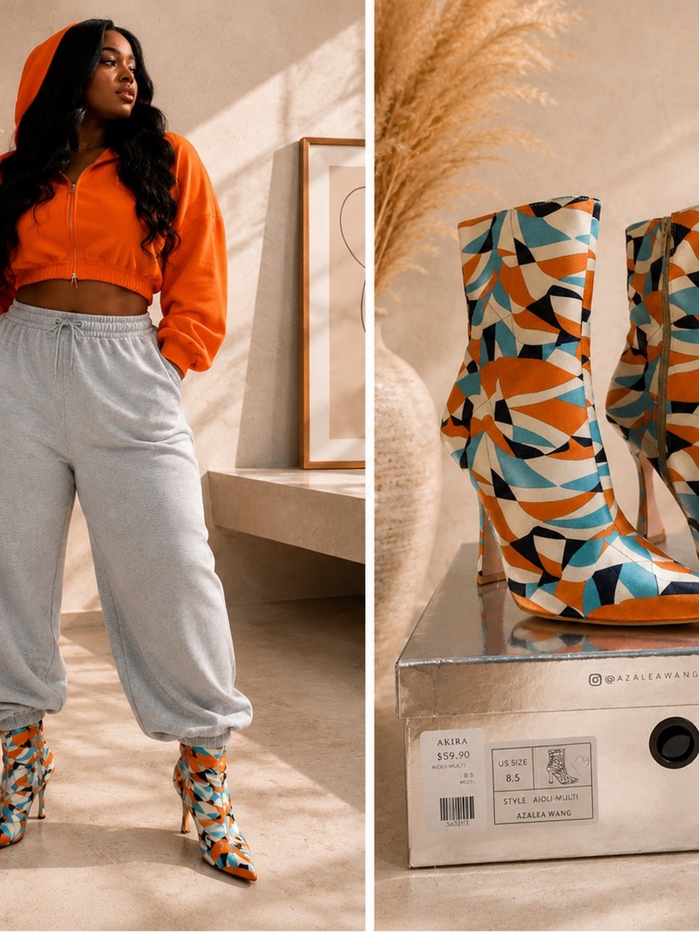 Azalea Wang - Orange Multi Geometric Ankle Boots